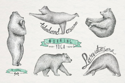 Set of Hand drawn graphic bears. Hand painted clipart, posters, logo