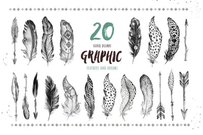 Hand Drawn graphic feather and feathers pattern. Scrapbooking paper