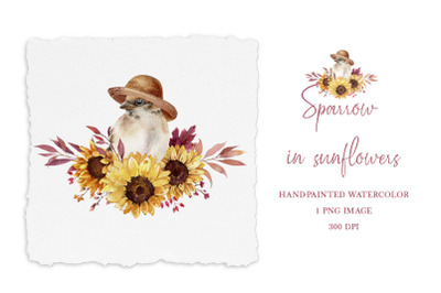 Cute bird watercolor clipart, sunflowers sublimation png