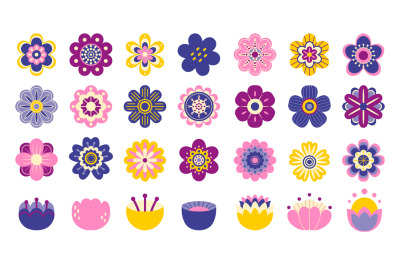 Clip art flowers. Cartoon cute stylized floral ornamental elements gra