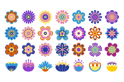 Colorful flower pictograms. Cute cartoon floral symbols, top view of k