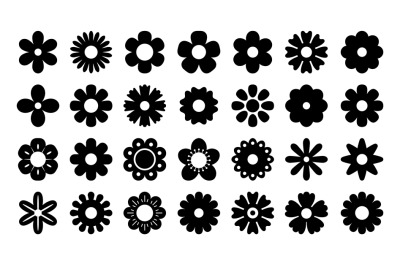 Black flower icons. Geometric silhouette symbols of chamomile and dais