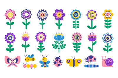 Kids flowers and butterflies. Cute cartoon simple flowers and bugs chi