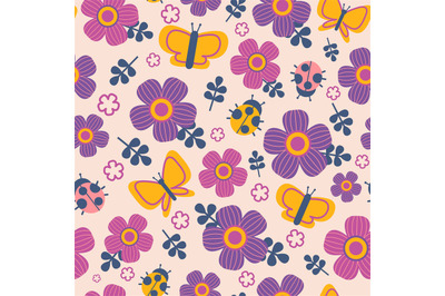 Flowers and butterflies pattern. Seamless print of cute cartoon colorf