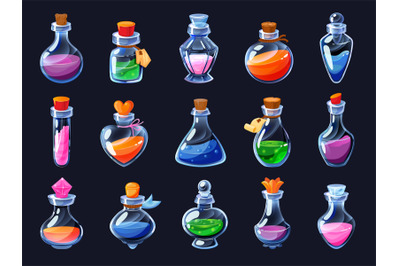 Game potion. Cartoon elixir for strength mana and stamina, love potion