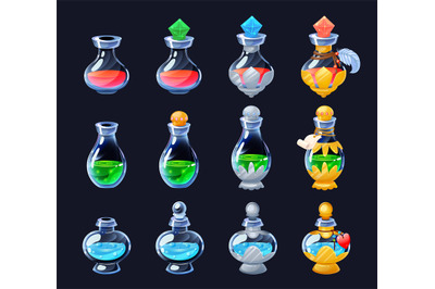 Game elixir. Cartoon GUI potion sprite asset of flasks and phials for