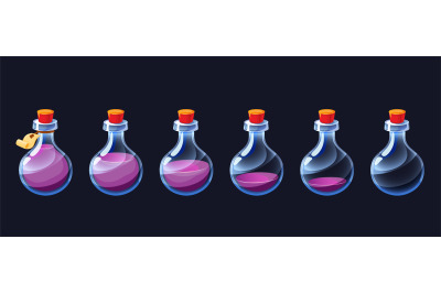 Empty potion flask. Cartoon game elixir usage sequence icon asset, col