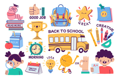 School stickers. Abstract bundle of stationery supply&2C; cartoon daily r