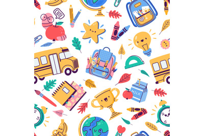 School badges pattern. Seamless print of education stationery supplies