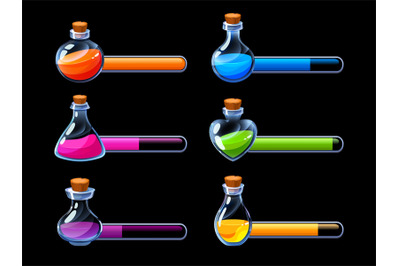 Potion progress bar. Life elixir bottles GUI asset, cartoon poisoning