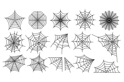 Spider web. Halloween cobweb silhouettes line sketch style, scary simp