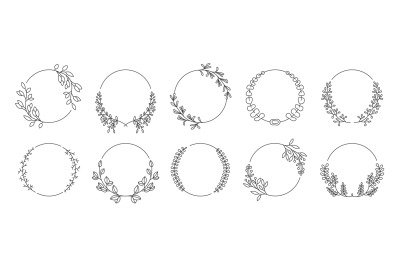 Round decorative floral frames. Line sketch of laurel branches and cir