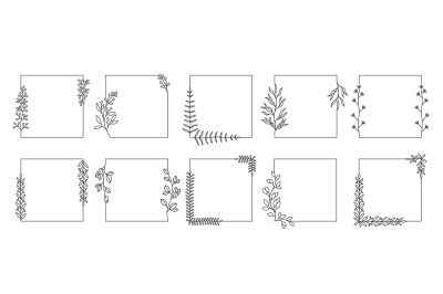 Square botanical frames. Line doodle herbal borders and floral framing