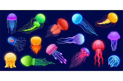 Cartoon jellyfish. Exotic glowing underwater animal, deep marine glowi