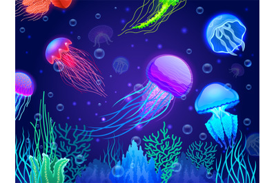 Jellyfish background. Cartoon colorful transparent glowing underwater