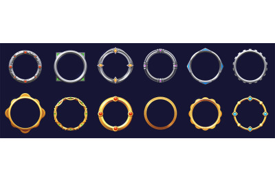 Game circle metal frames. Round textured avatar borders, cartoon empty