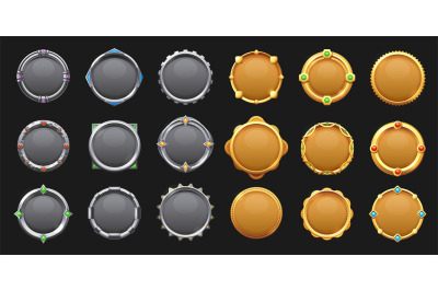 Game round metal button. Cartoon steel game asset frame UI icons, empt