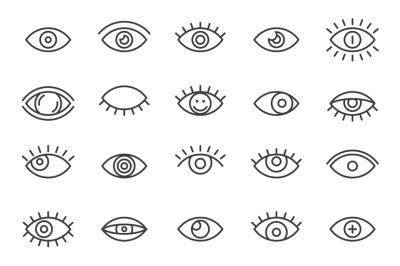 Outline eye icons. Simple thin line eyeball eyelashes signs, human eye