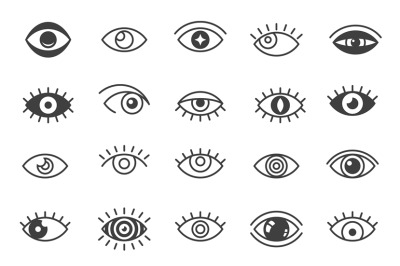 Open eyes symbols. Outline human eye optic icons, eyeball eyelashes li