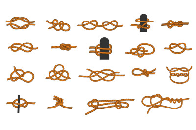 Knot types. Cartoon knotted rope with ties and threads for boating and