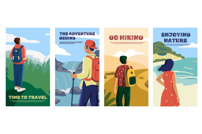 Travel and hiking posters. Cartoon people enjoying nature and look in