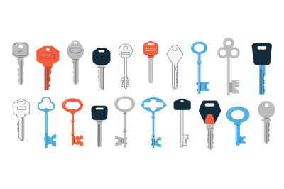 Doodle keys. Cartoon abstract vintage and modern keys of various shape