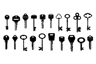 Keys silhouettes. Black shapes of modern and vintage key collection wi