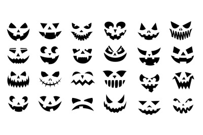 Scary faces. Halloween smiley pumpkin faces, creepy jack lantern with