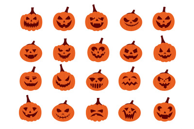 Pumpkin faces. Cartoon Halloween Jack characters with scary smiley and