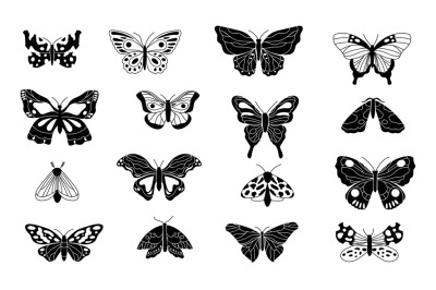 Black butterflies. Decorative butterfly silhouettes&2C; winged insect ske