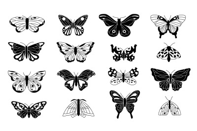 Butterflies silhouettes. Black sketches of flying winged insects&2C; mono