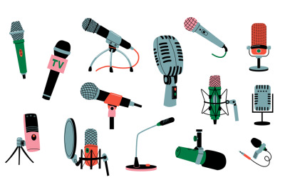 Microphones collection. Music recording radio broadcast equipment, car