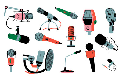 Cartoon mic set. Microphones for stage performance, studio recording,