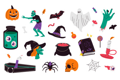 Halloween collection. Cute spooky cartoon elements flat style, scary f