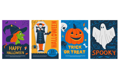 Halloween posters. Abstract art prints scary traditional symbols and t