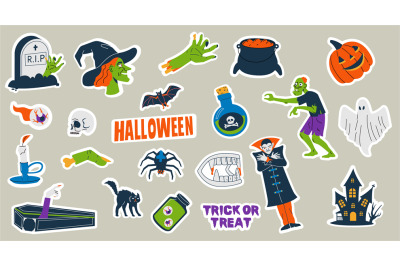 Halloween stickers. Cute cartoon scary traditional characters&2C; trick o