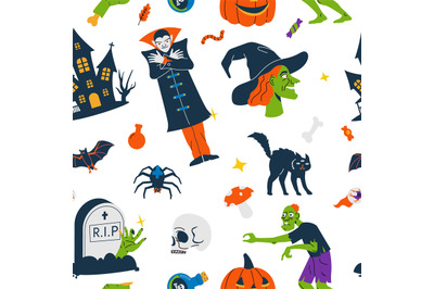 Halloween pattern. Seamless print with cute scary traditional symbols