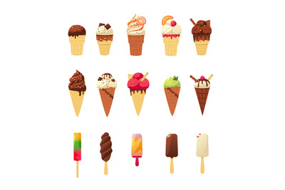 Cartoon ice cream. Cute colorful summer sweet cold dessert of various