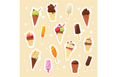 Ice cream stickers. Cartoon cute isolated badges of cold sweet summer