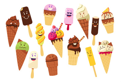 Ice cream character. Cartoon ice pops and frozen fruit ice isolated ma