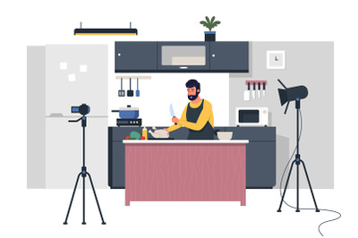 Cooking blogger. Cartoon person prepare food and streaming, trendy cul