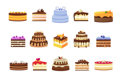 Cakes and pieces. Colorful sweet desert slices and whole cakes with cr