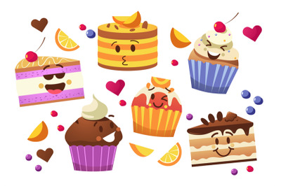 Cupcake characters. Kawaii cartoon muffins&2C; sweet cake mascots with cu