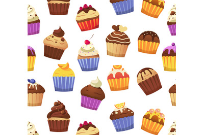 Cupcake pattern. Seamless print of various muffins sweet pastries deco