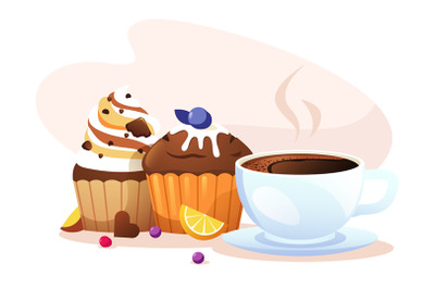 Cupcake and coffee. Cartoon muffins with cup of cappuccino, sweet morn