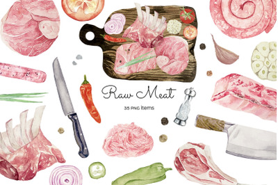 Watercolor Raw meat clipart. Fresh meat slice illustration.