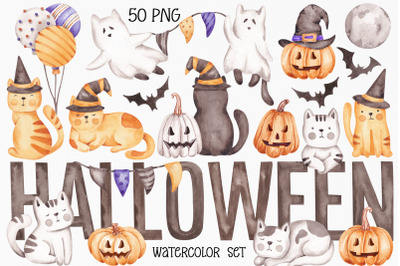 Watercolor Clip Art Halloween Cats