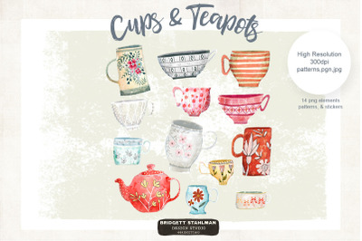 Watercolor Cups Mugs &amp; Teapot Illustrations