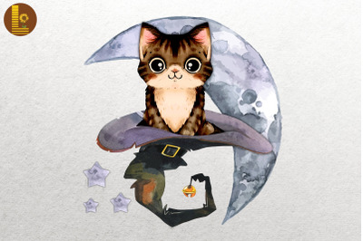 Cute Halloween Cat Witch Hat &amp;amp; Moon