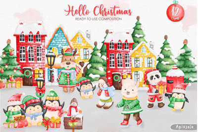 Watercolor Hello Christmas Animal Clipart | Winter Animal Ready to use